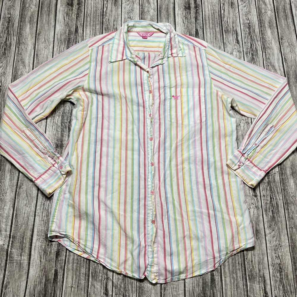 Women’s Large Pink Victorias Secret Long Sleeve Button Down Colorful Shirt EUC